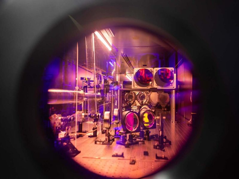 A view through the titanium-sapphire crystal that helps to transfer power into ZEUS’s laser pulses.
