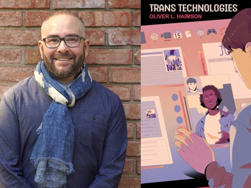 Oliver Haimson and the cover to his book, "Trans Technologies."