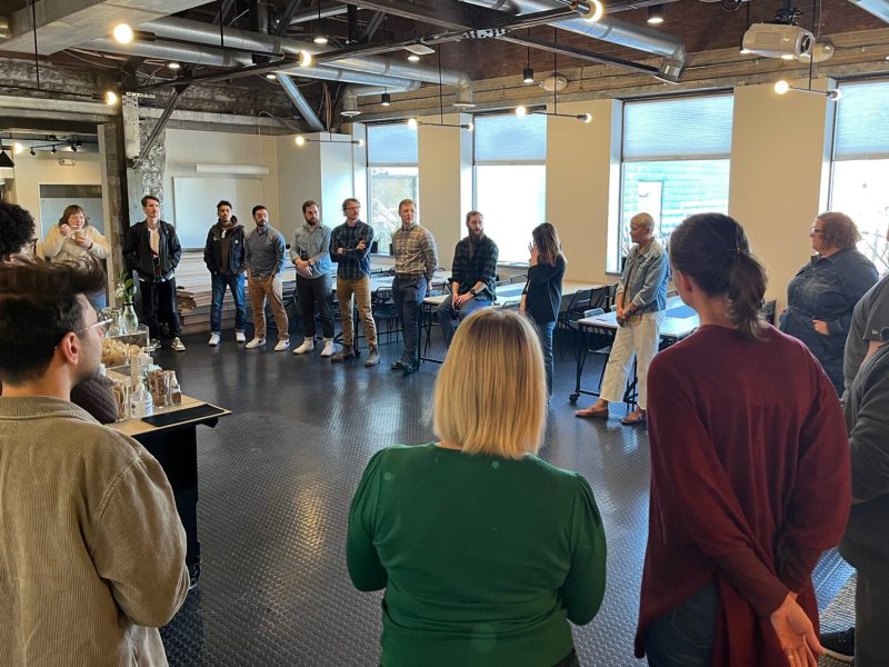 A staff meeting at Atomic Object's new office.