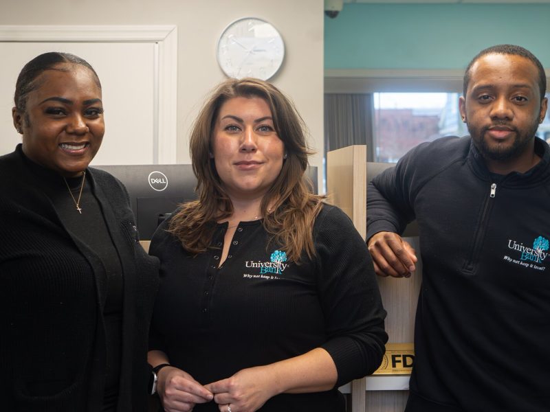 University Bank Customer Service Representative Kiara Ellington, Customer Service Supervisor Jori Knight, and Senior Customer Service Representative Jeremiah Muhammed.