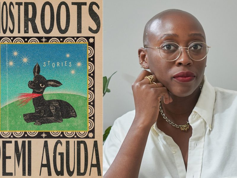 Author 'Pemi Aguda pictured with the cover of her new book, "Ghostroots."