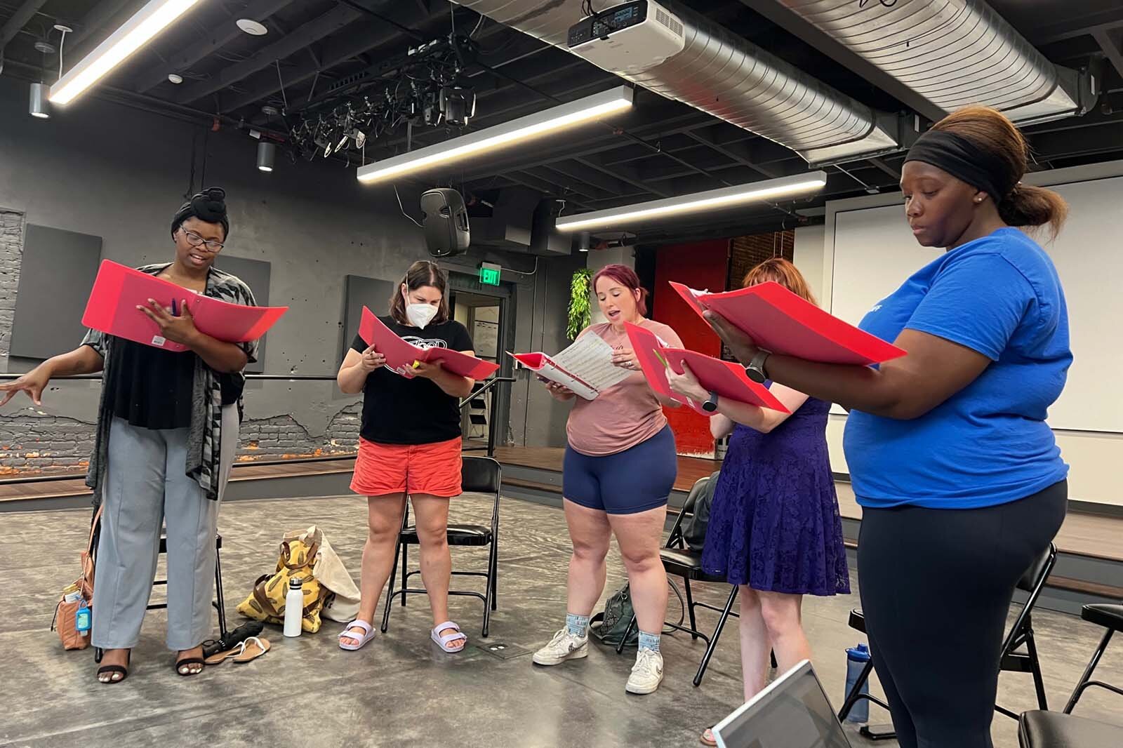 Jayla Fletcher, Leah Gittlen, Kristin McSweeney Kelly, Sara Long, and Shardai Davis at the first rehearsal for "Beehive."