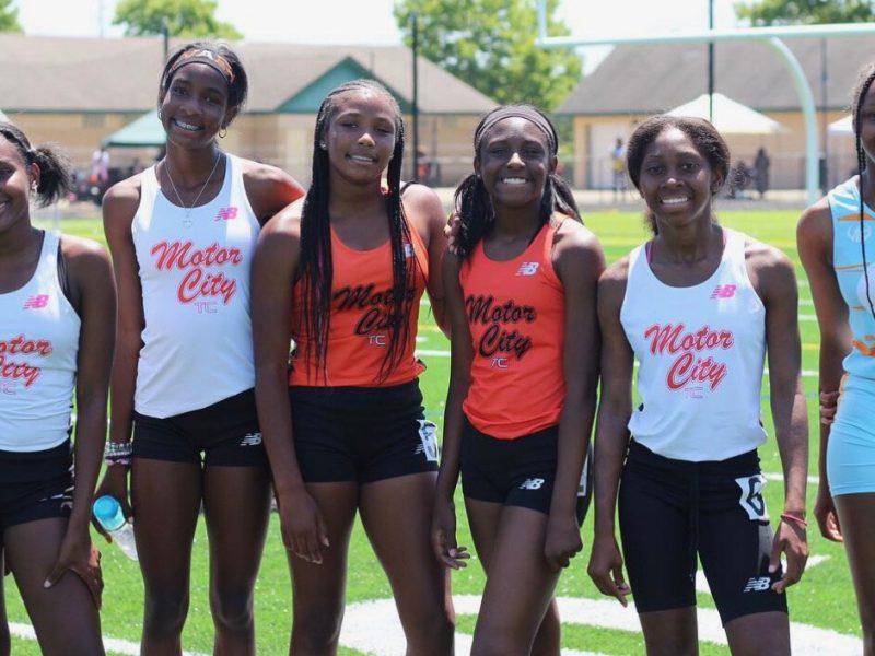 Writer Nia Stewart at far right with her Motor City Track Club teammates (L to R) Eve, Nevaeh, Londyn, Lia, and Aubrey.