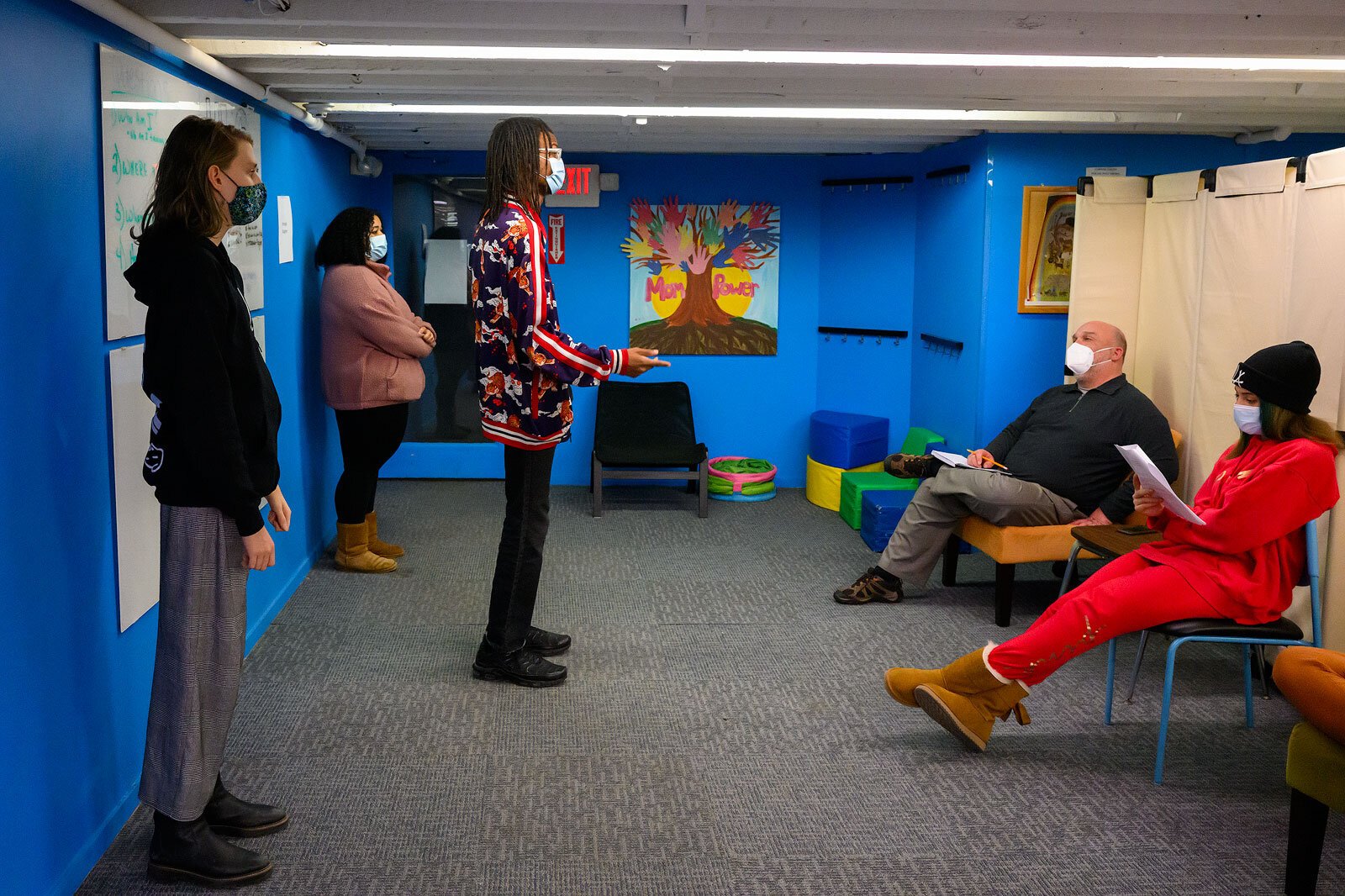 The Corner Health Center theater troupe rehearses "This Is Real," a short play about mental health.