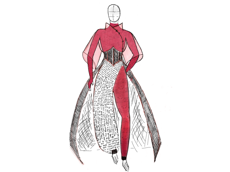 A design for a dress challenging stereotypes of Asian women, created by student Ella Yip.