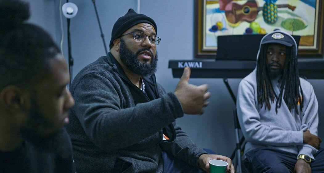 Rod Wallace speaks during a "Formula 734" studio session.