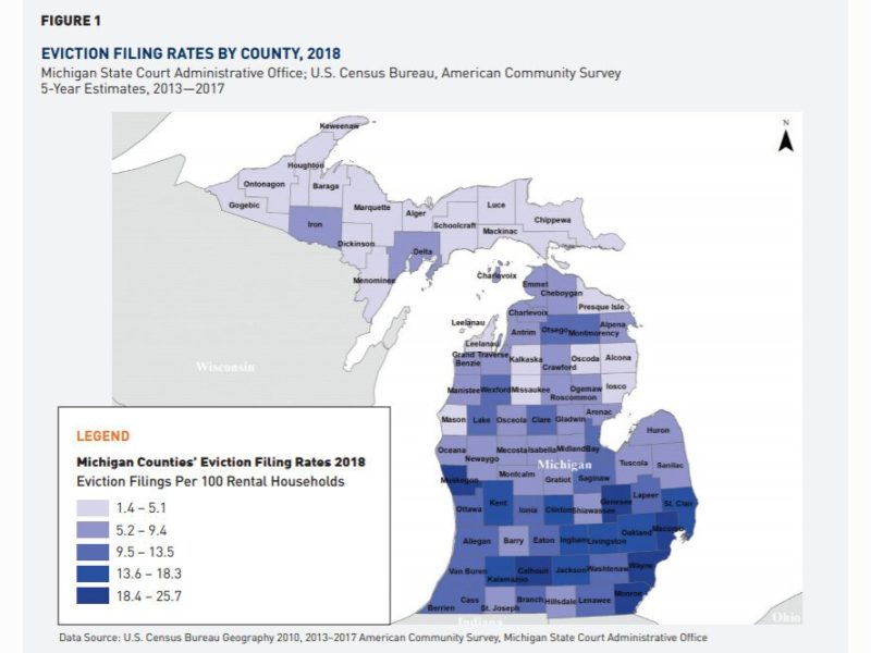 A map of Michigan eviction filing rates.