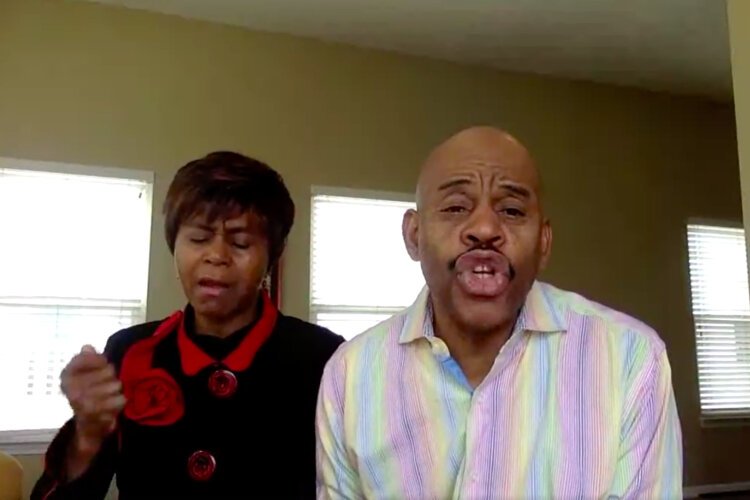 Geraldine Powell and Pastor Willie Powell livestream Grace Fellowship Church's Palm Sunday service.