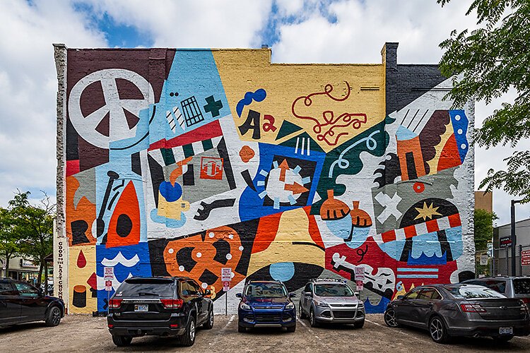 Jesse Kassel's mural on the Pretzel Bell Building.