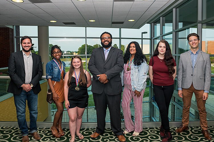 Upward Bound writing finalists and advisors David Boeving, Mareka Ray, Alexis Herron, Roderick Wallce, Selena Calzado, Cara Altherr, and Patrick Dunn. Davonna Washington not pictured.