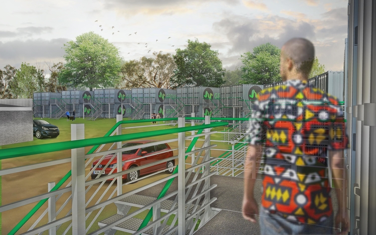 Conceptual renderings for Grove Studios' shipping container studio spaces.