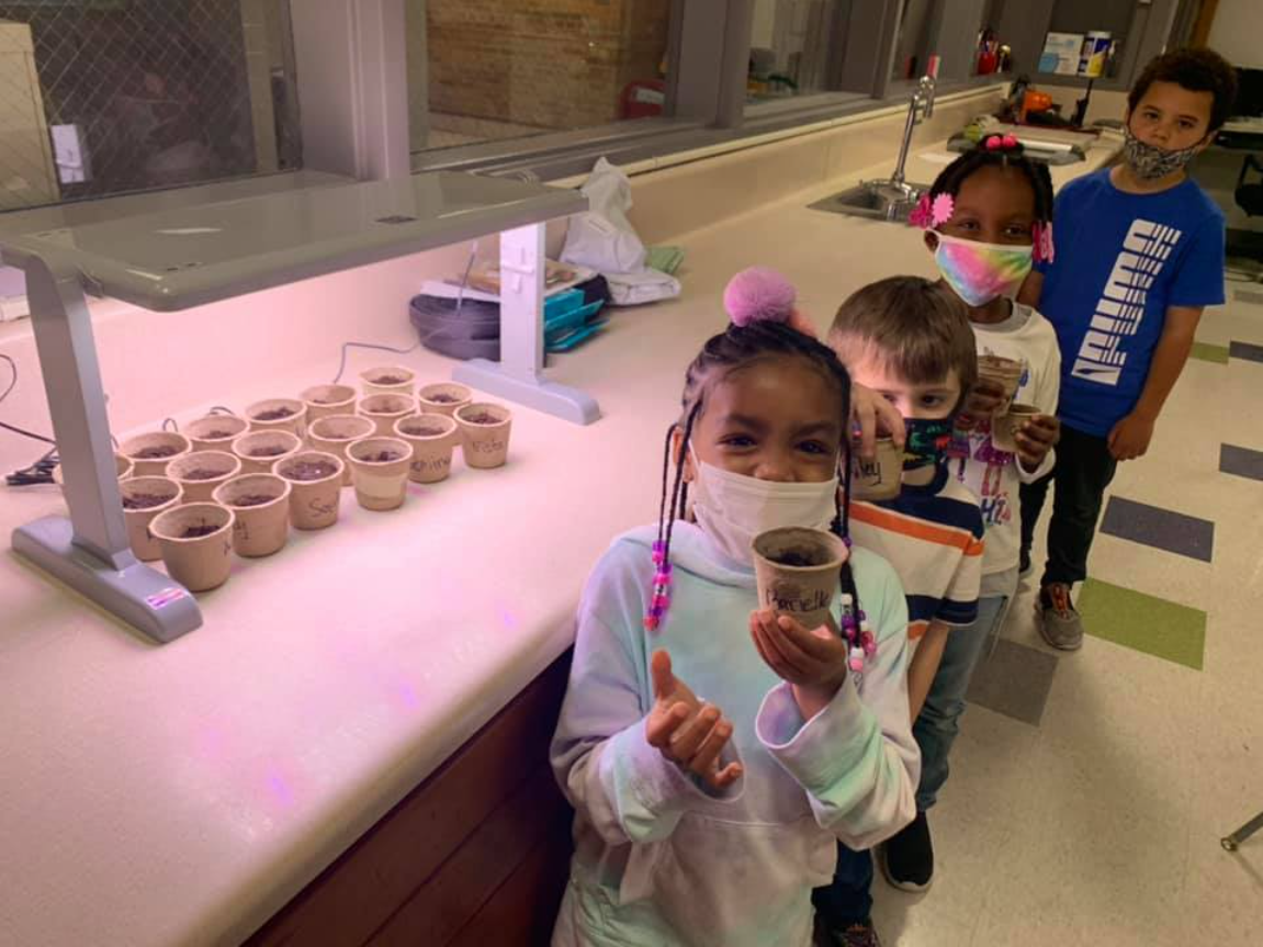 Minges Brook Elementary students plant seeds for their school garden.