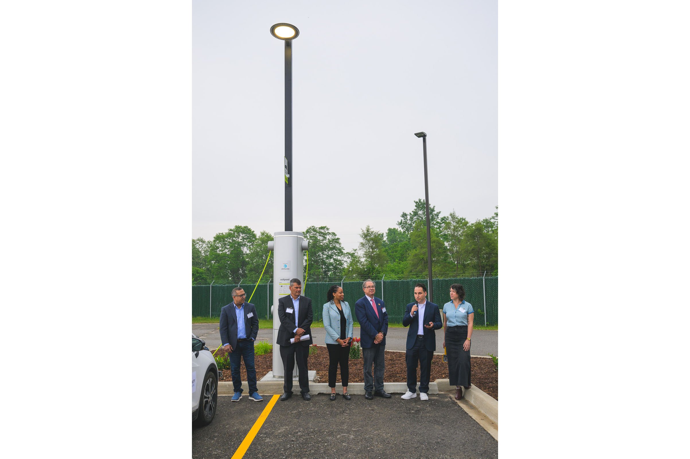The unveiling of VoltPost's new electric vehicle charging technology at Safe Demo Day.