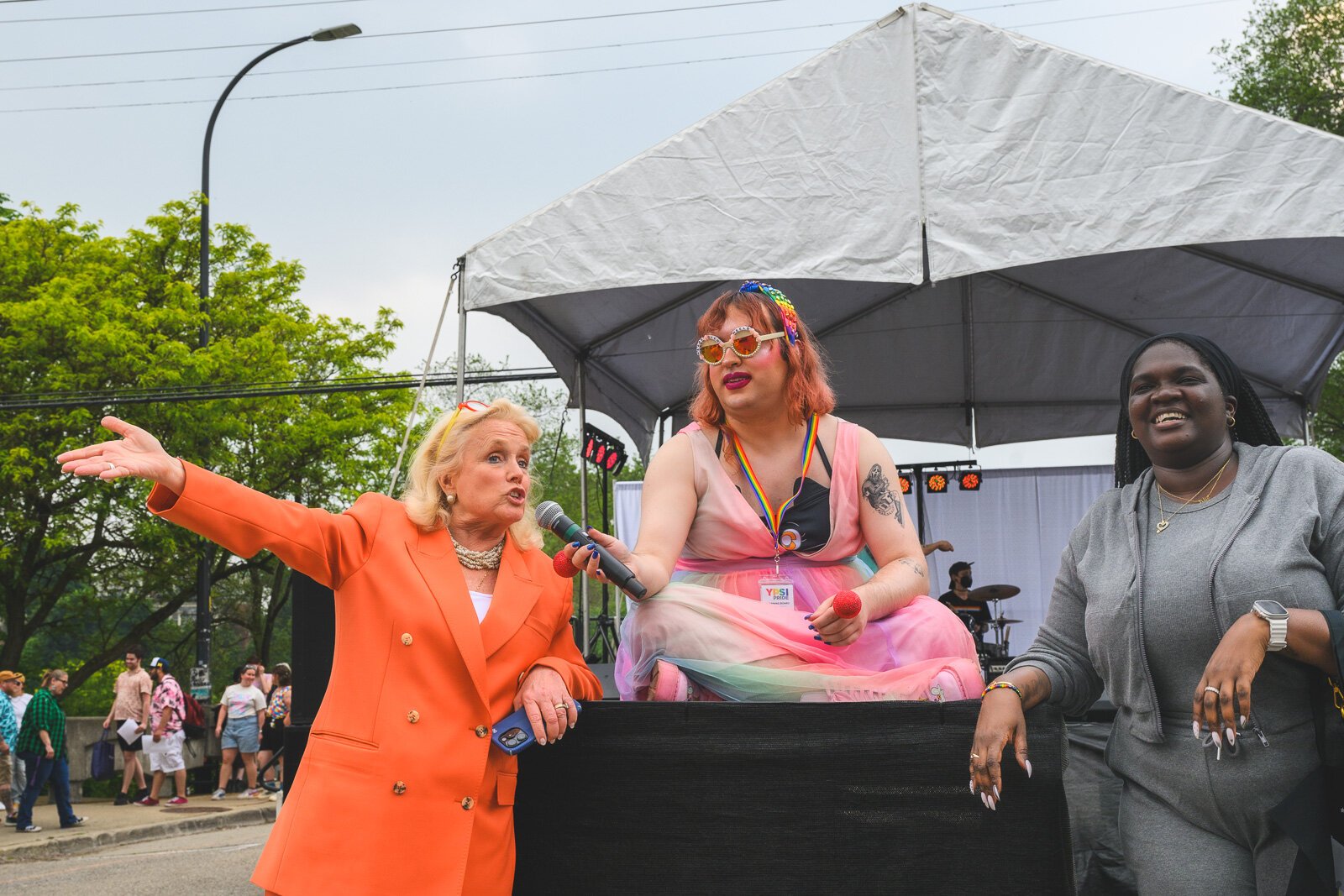 U.S. Rep. Debbie Dingell, drag performer Zooey Gaychanel, and Ypsilanti Mayor Nicole Brown at Ypsi Pride 2025.