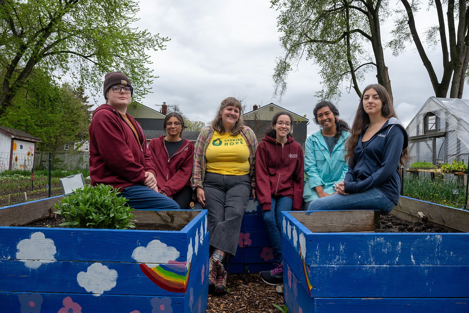 Eli Harris, Sienna Troy, Jenny Pritchett, Josephine Smith, Esha Biswas, and Tuula Martinez at a Growing Hope Teen Leadership Program meeting.