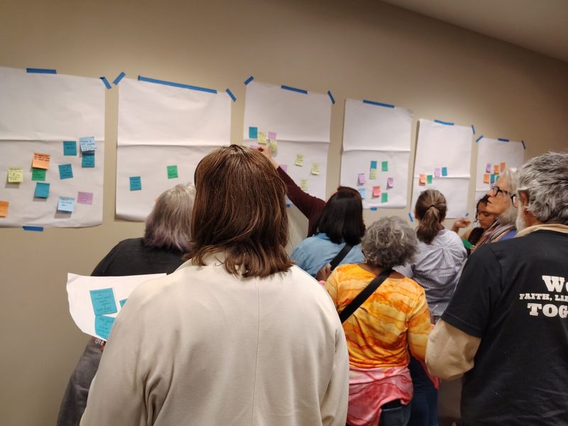 At an April 21 meeting at Eastern Michigan University, attendees wrote concerns about the future of school funding on sticky notes, grouping similar concerns together.