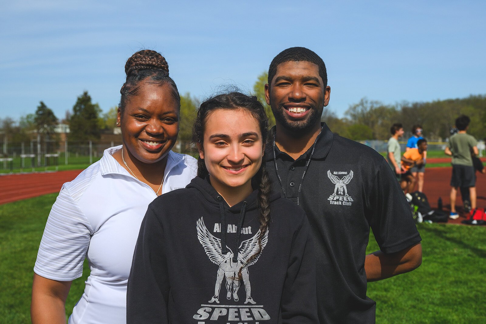 Jessica Brandon and Sean Brandon Jr. with All About Speed Track Club member Ela-Khasnabis-Upton.