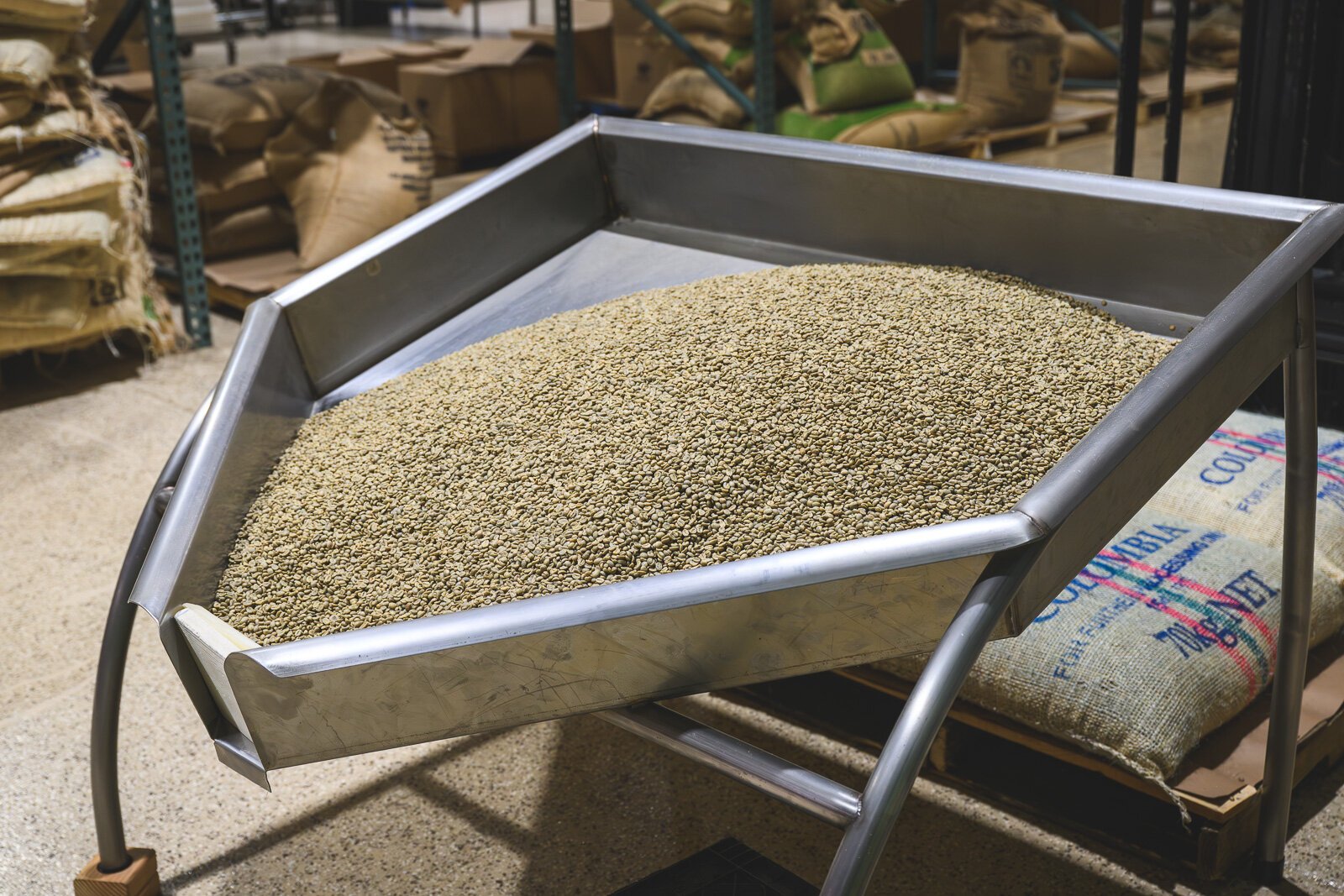 Coffee beans awaiting roasting at M-36 Coffee Roasters.
