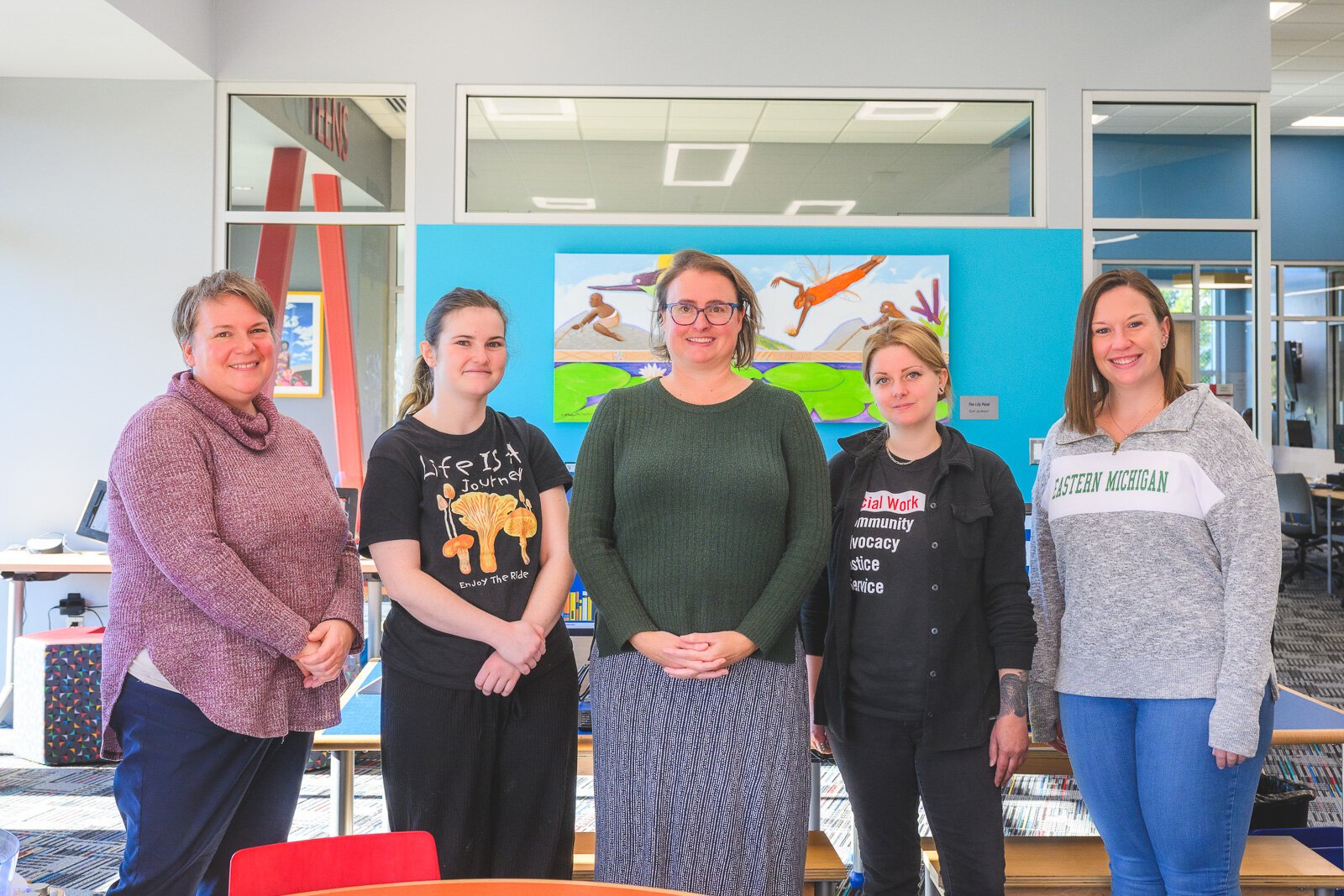 Mary Garboden, Anna Lyon, Cynthia Wilson, Margaret Paauw, and Chelsea Muto at the YDL Superior Branch.