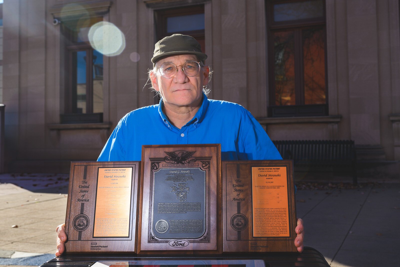 Dave Strenski with his patents.