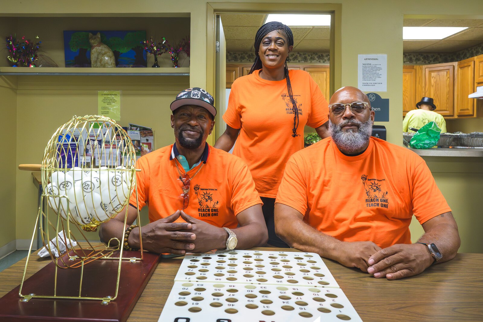 Billy Cole, Sonya Townshend, and Bryan Foley of Supreme Felons, Inc. running bingo at Chidester Place.