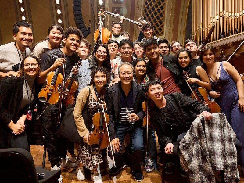 Yo-Yo Ma with students from Escuela Superior de Musica y Danza Monterrey at Hill Auditorium.