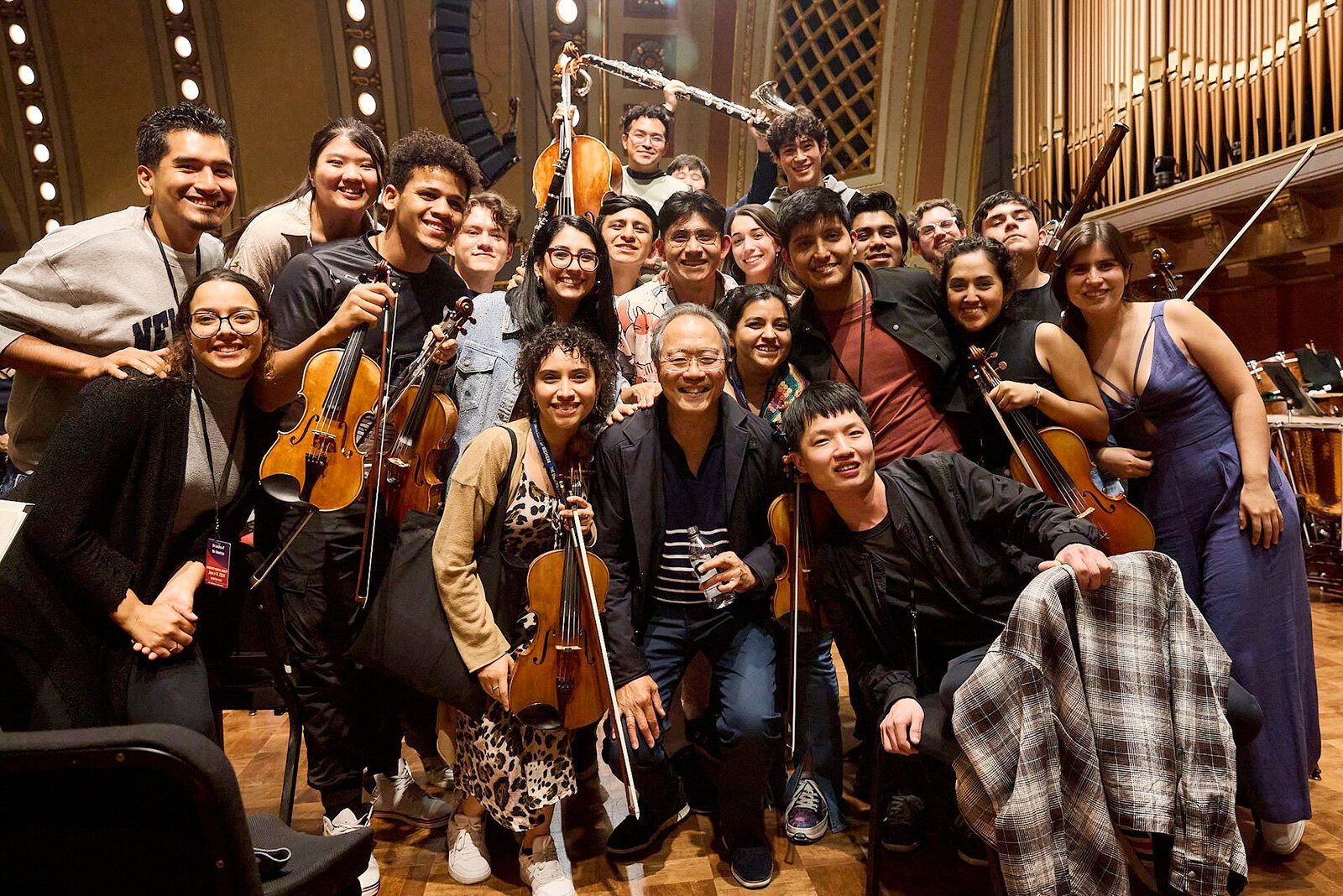 Yo-Yo Ma with students from Escuela Superior de Musica y Danza Monterrey at Hill Auditorium.