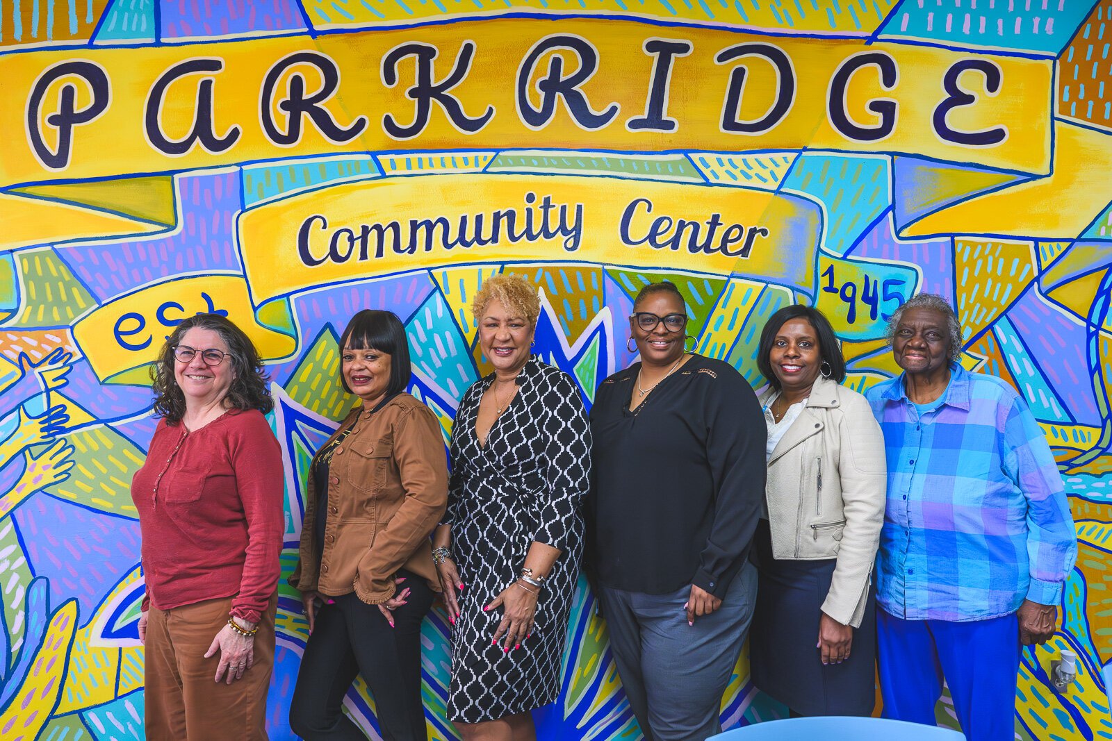 Gail Wolkoff, Loviesa Brown, Cheryl Harvey, Jeanice Townsend, Creola Larkin, and Josephine Taylor at a Monday morning meeting.