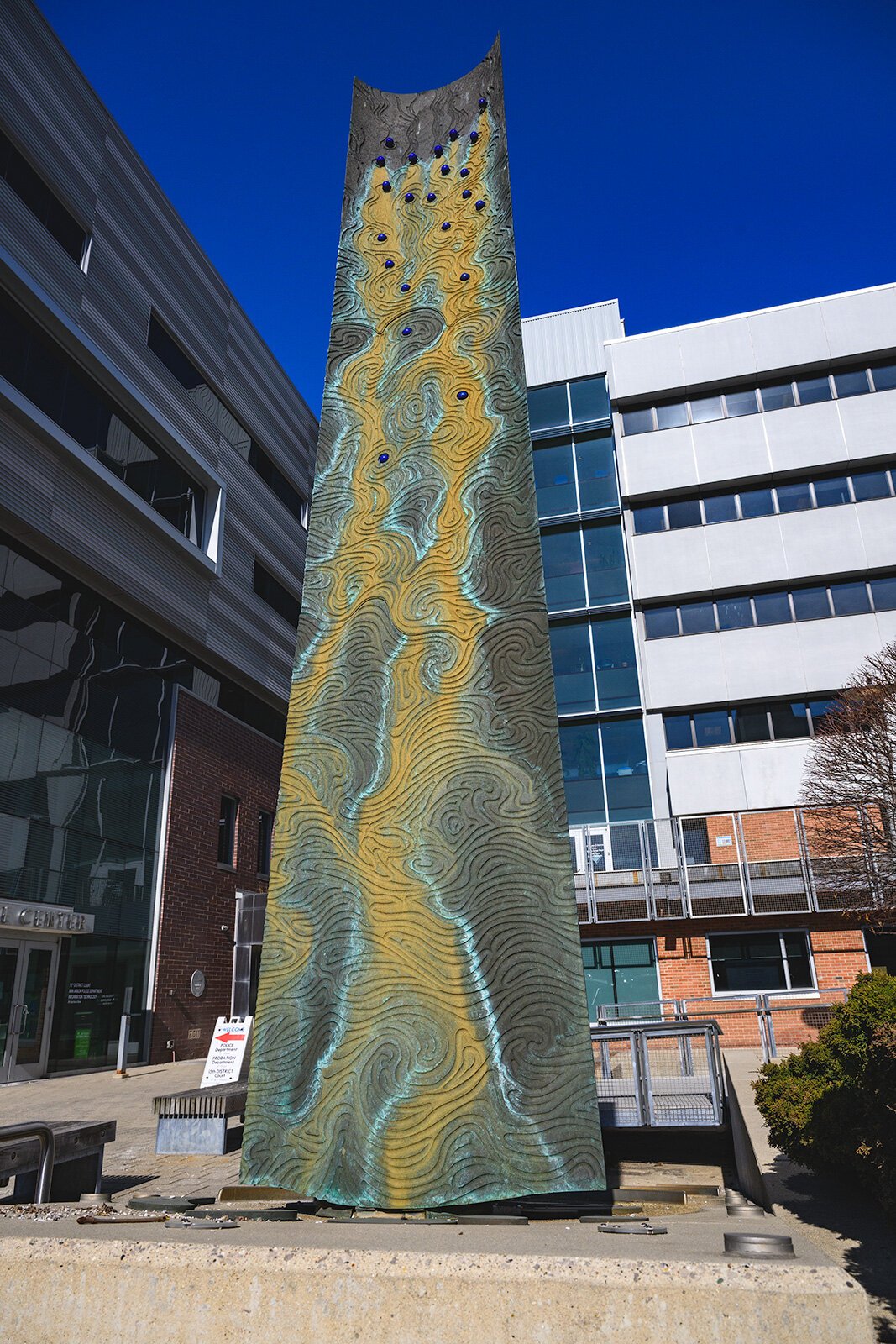 Herbert Dreiseitl's sculpture outside Ann Arbor City Hall.