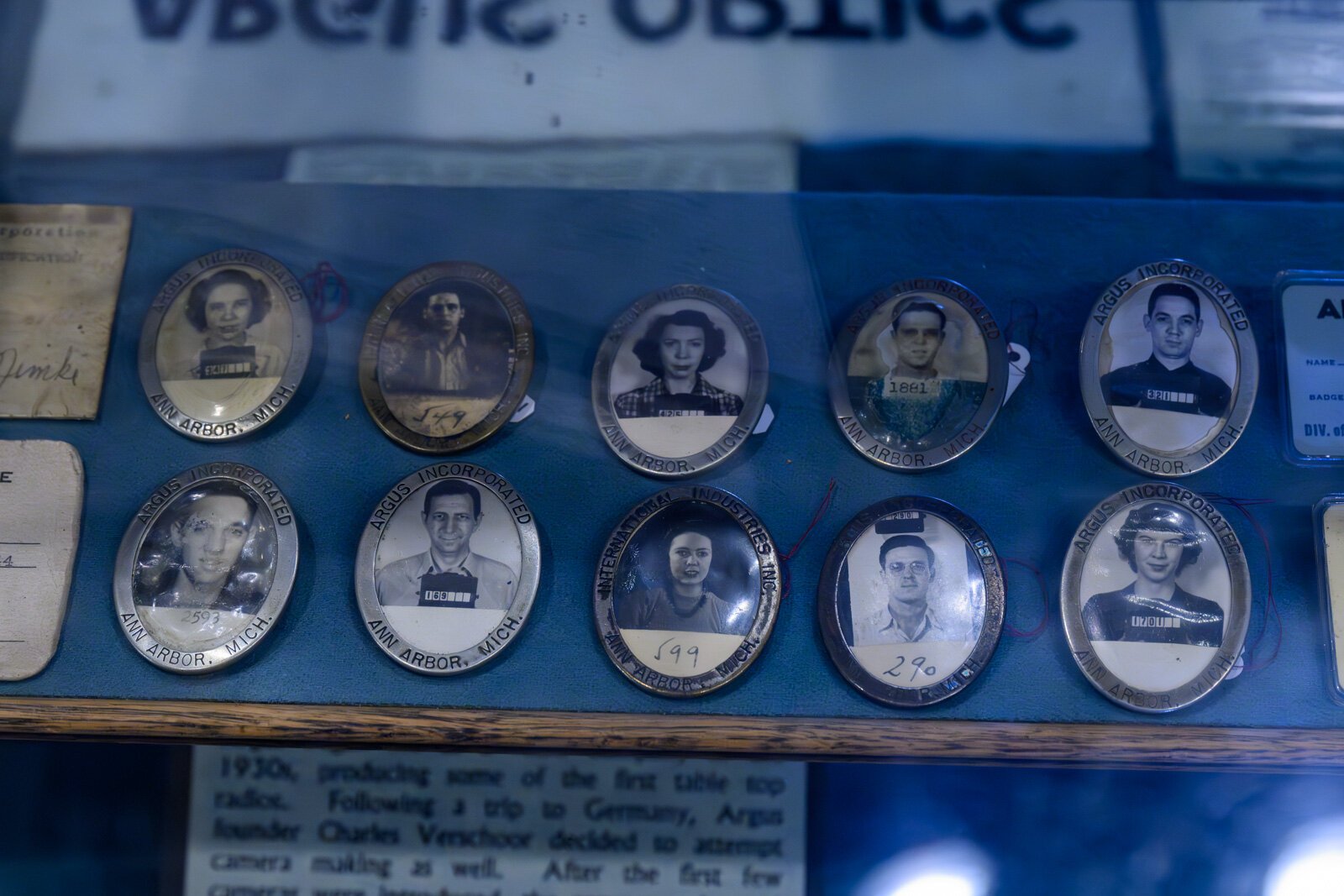Argus employee badges on display at the Argus Museum.