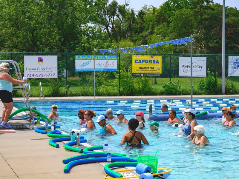 Cathy Thorburn leading a water exercise class at Rutherford Pool.