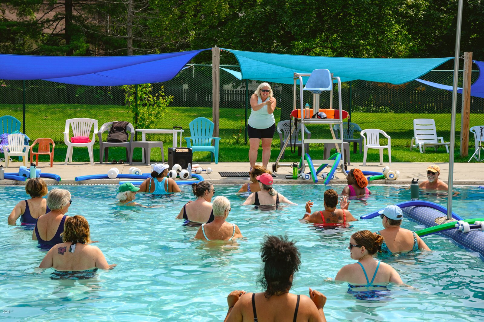 Cathy Thorburn leading a water exercise class at Rutherford Pool.