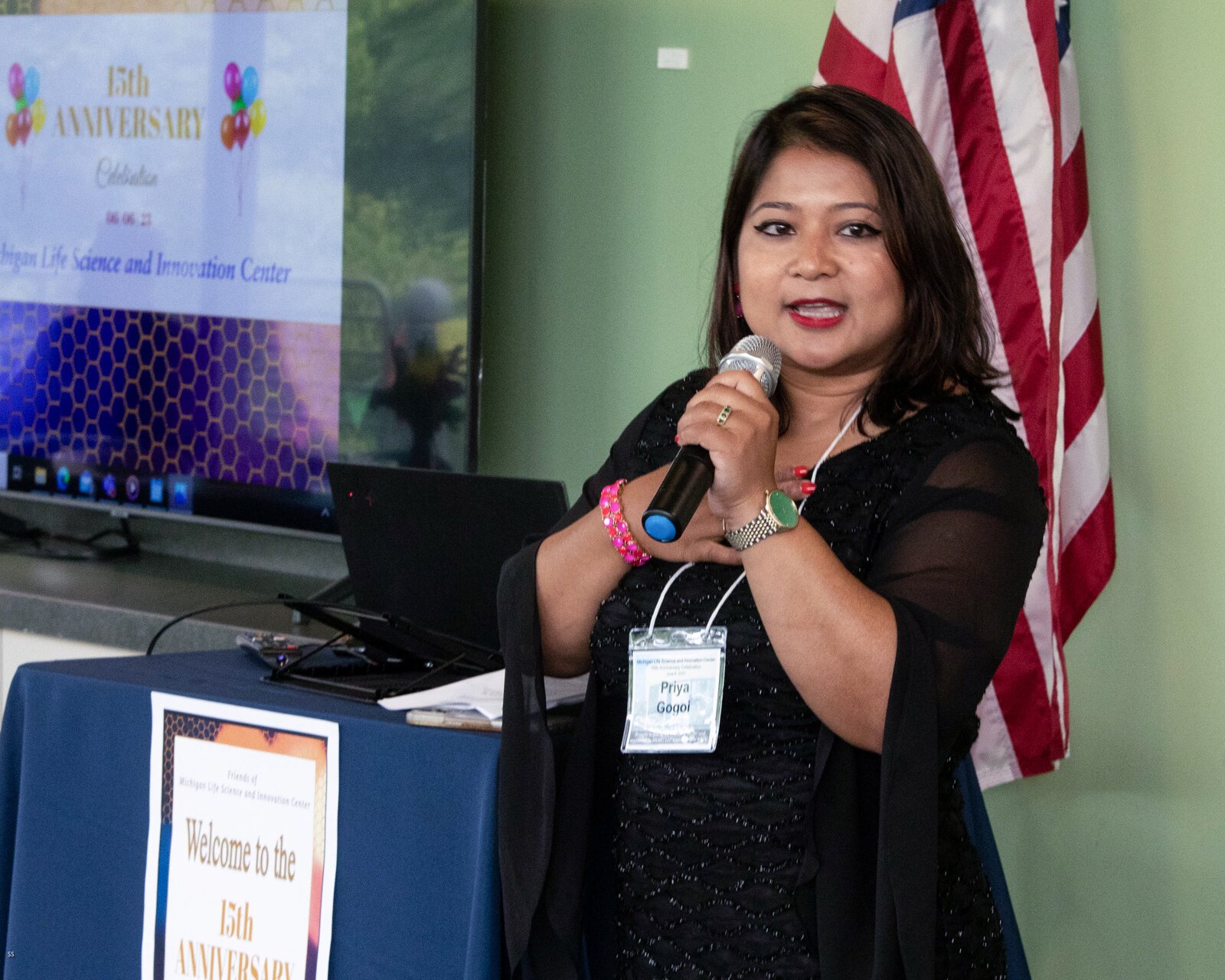 Priya Gogoi speaks at Michigan Life Science and Innovation Center's 15th anniversary celebration.