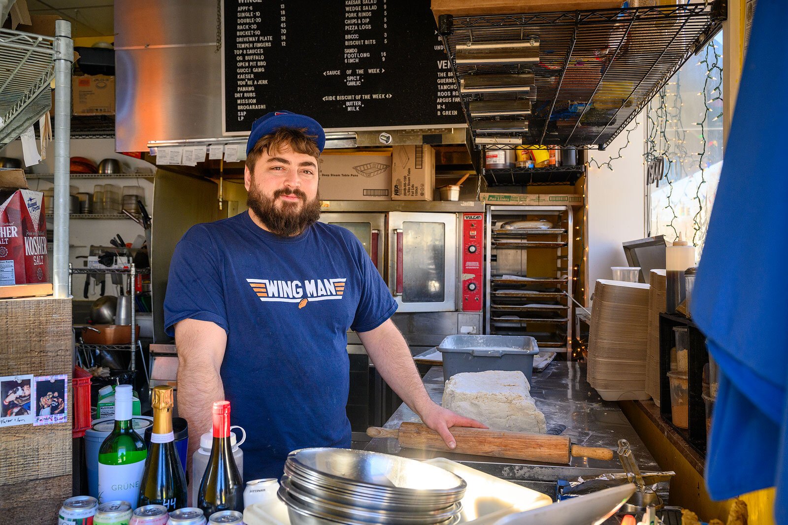 Side Biscuit owner Jordan Balduf getting ready for Super Bowl Sunday.