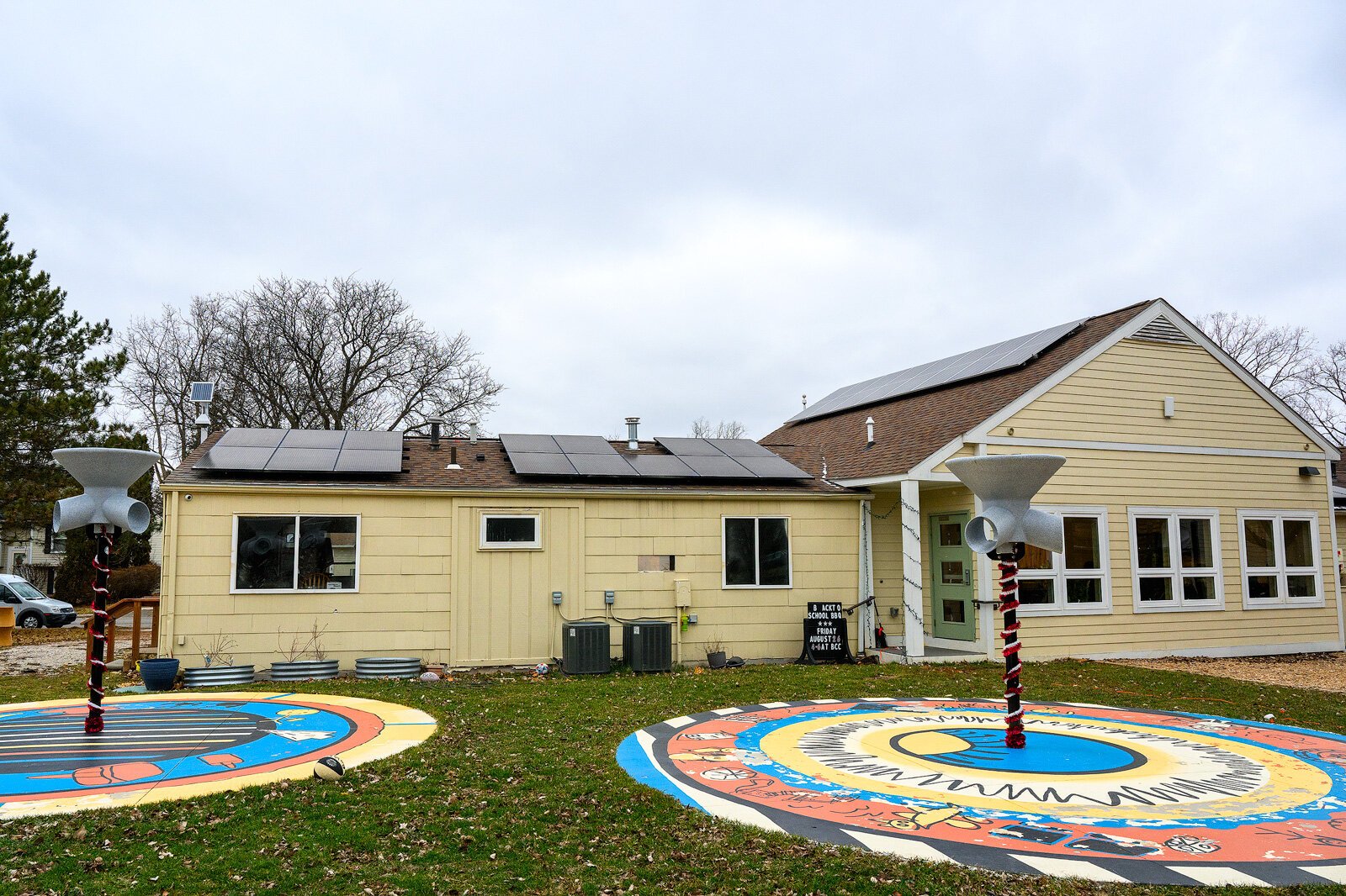 Solar panels on top of the Bryant Community Center.