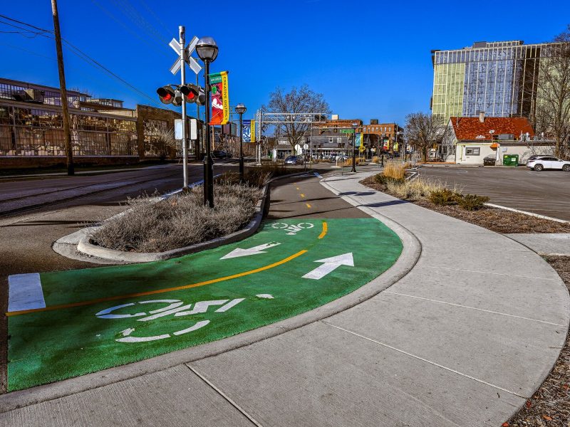 The protected bike lane on S. First Street in Ann Arbor.