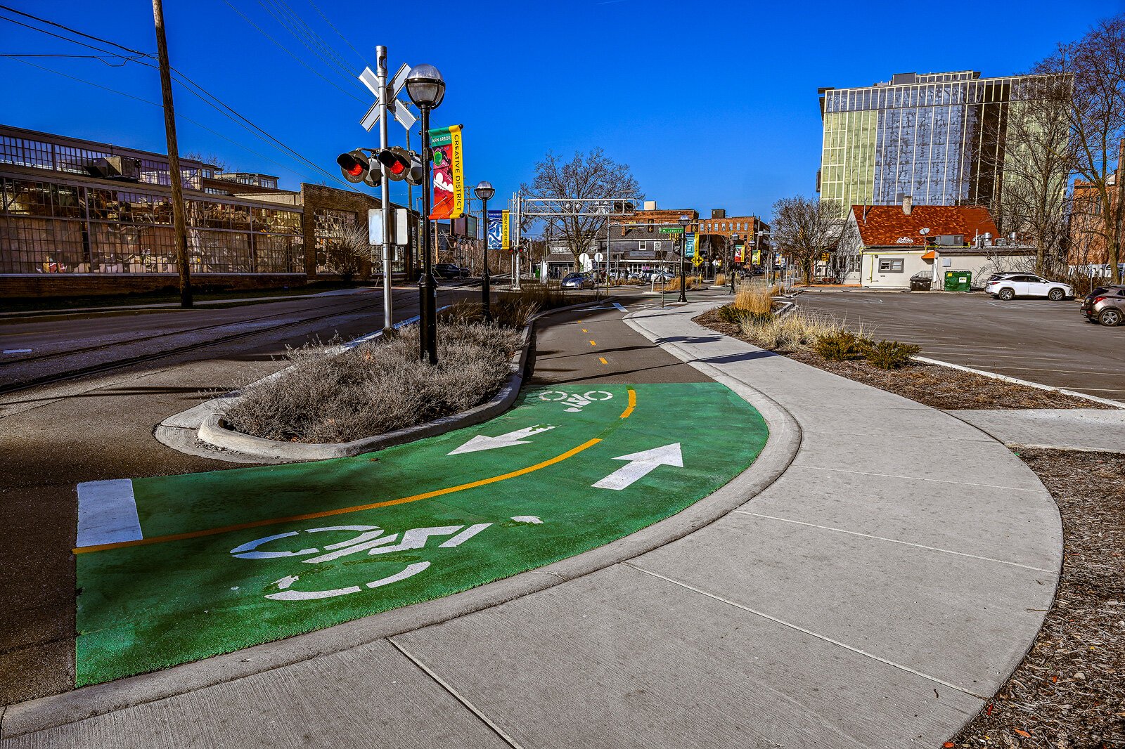 The protected bike lane on S. First Street in Ann Arbor.