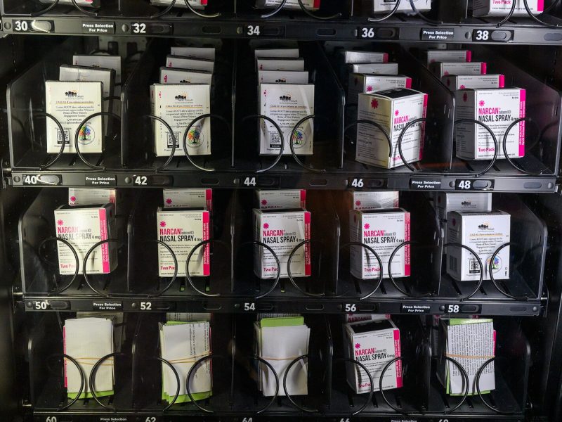 A free naloxone vending machine at the downtown Ann Arbor District Library.