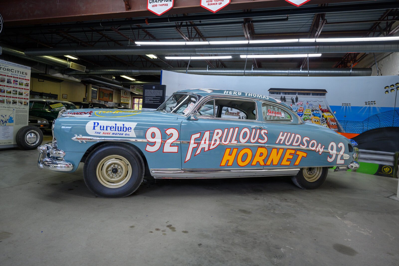 The 1952 Hudson Hornet racing car at The Ypsilanti Automotive Heritage Museum.
