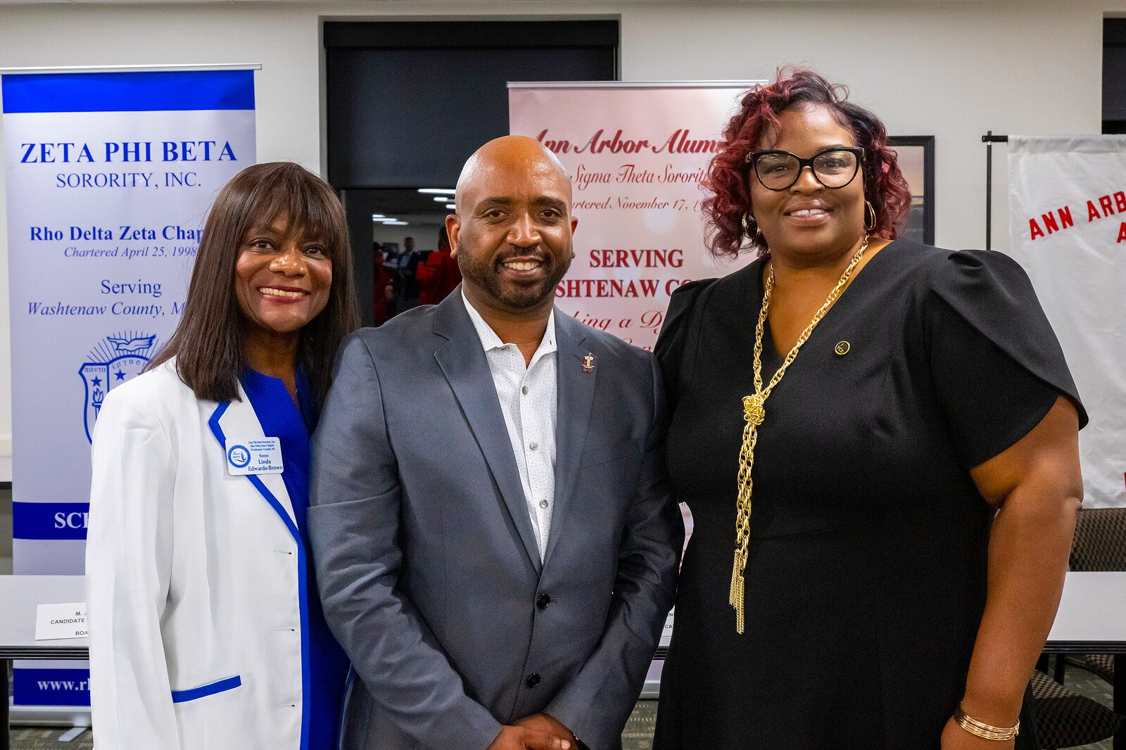 Linda Edwards-Brown, Stafford Watts, and Jeanice Townsend at The Divine Nine's Washtenaw County School Board Candidates' Forum.
