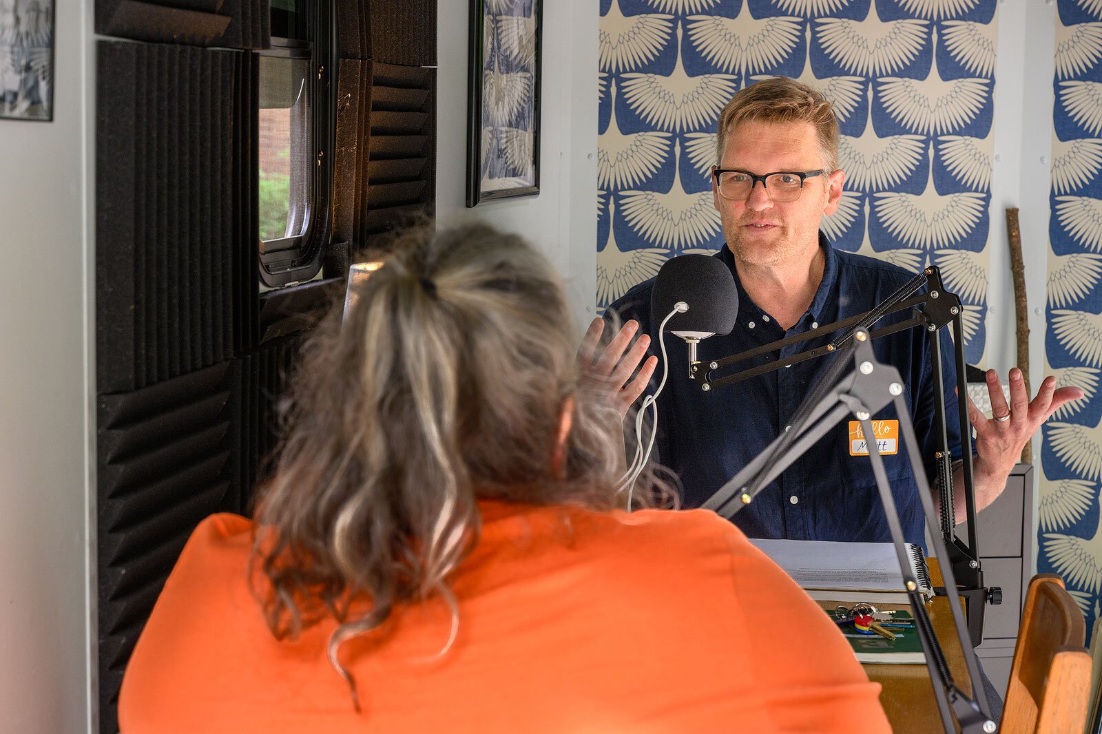 Matt Jones interviews Lisa Bashert during the Eastern Michigan University Archives memory swap.