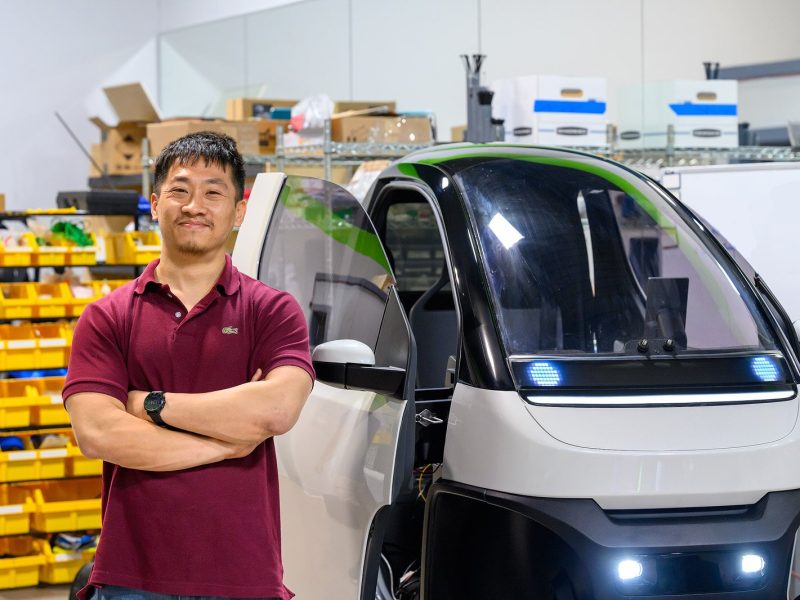 Nimbus founder and CEO Lihang Nong with a Nimbus prototype.