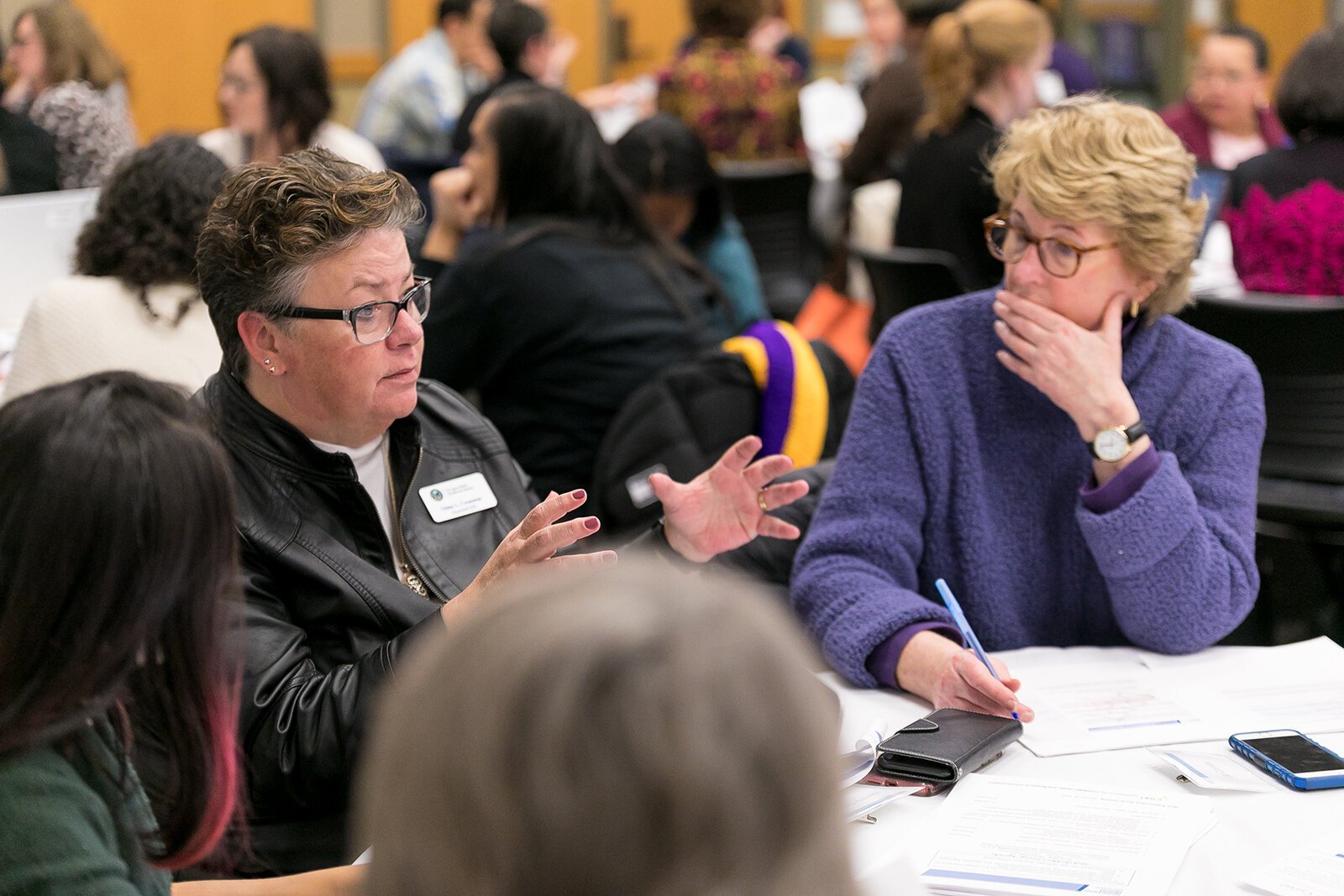 Ginny Creasman, director of the VA Ann Arbor Healthcare System, speaks with Washtenaw Health Initiative communications chair Liz Conlin at a 2019 stakeholders meeting.