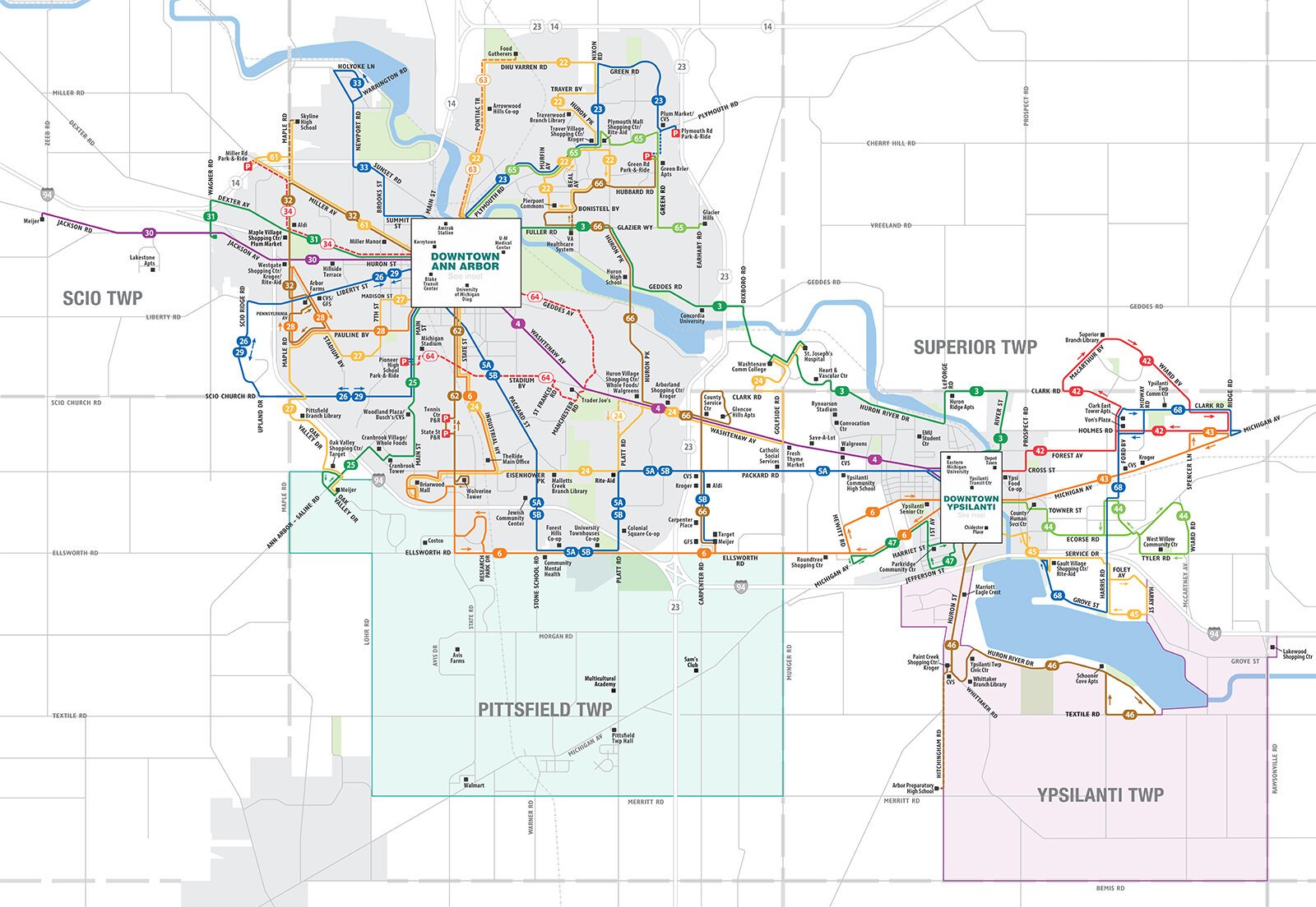 A map of TheRide's bus routes.