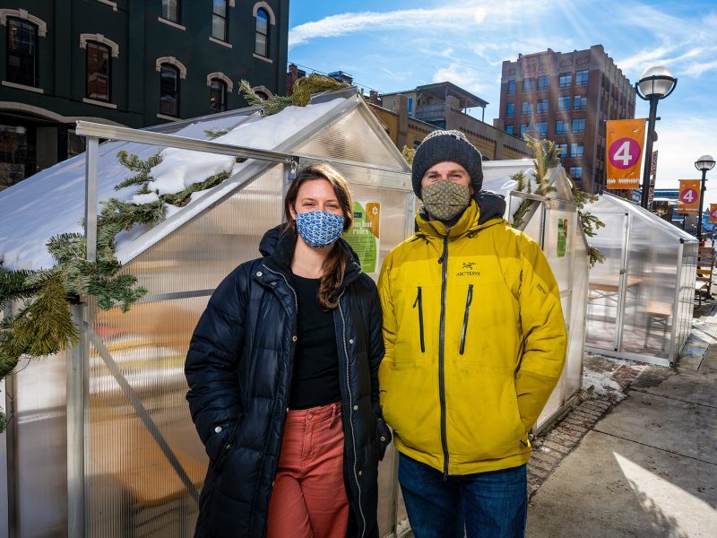 Bløm Meadworks owners Lauren Bloom and Matt Ritchey by their outdoor huts.