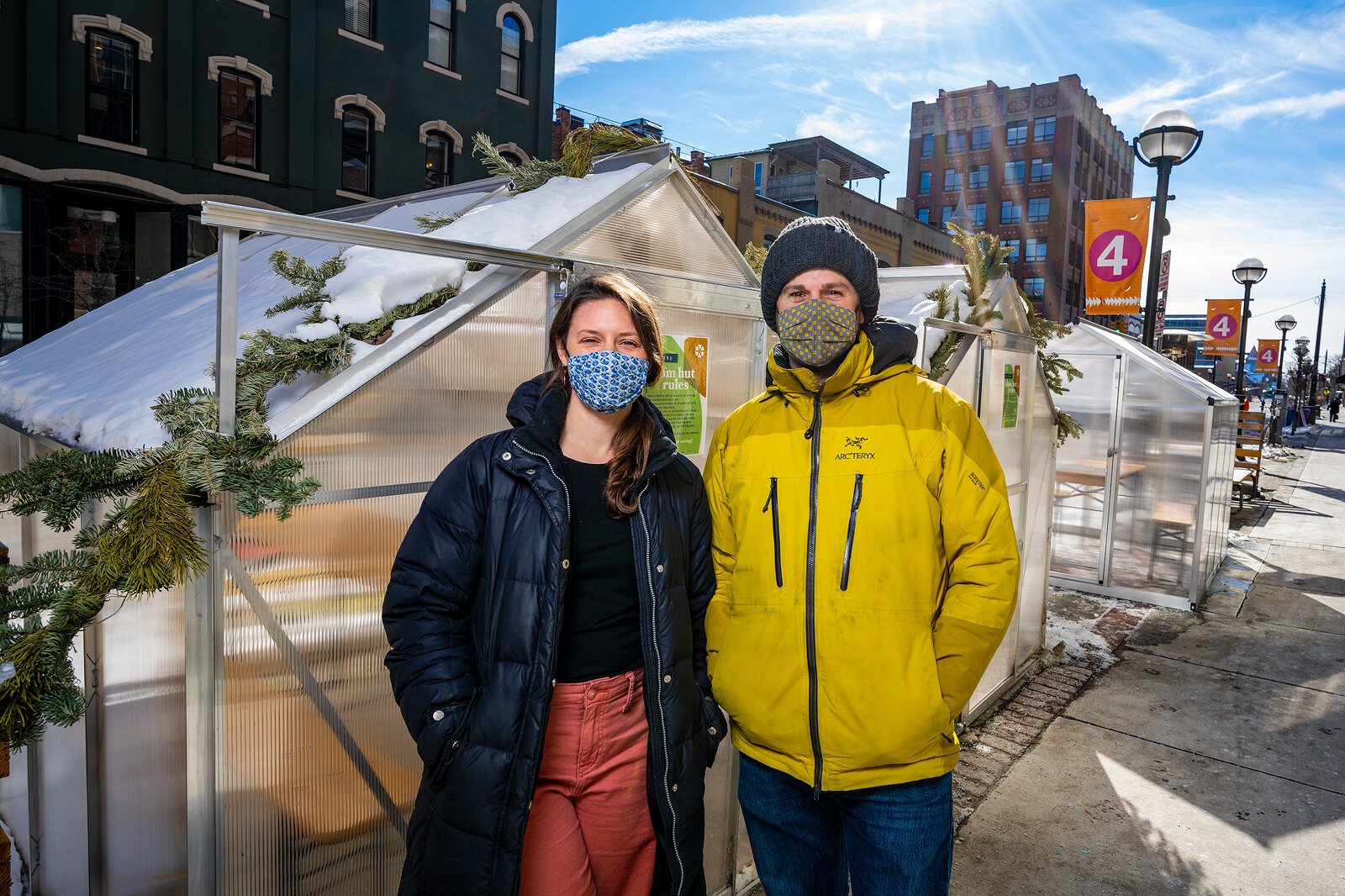 Bløm Meadworks owners Lauren Bloom and Matt Ritchey by their outdoor huts.