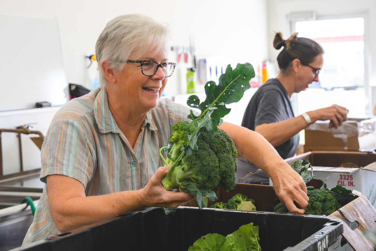 Volunteers Eileen Latini and Vanessa Revelli pack produce boxes at The Farm at Trinity Health in Ypsilanti.
