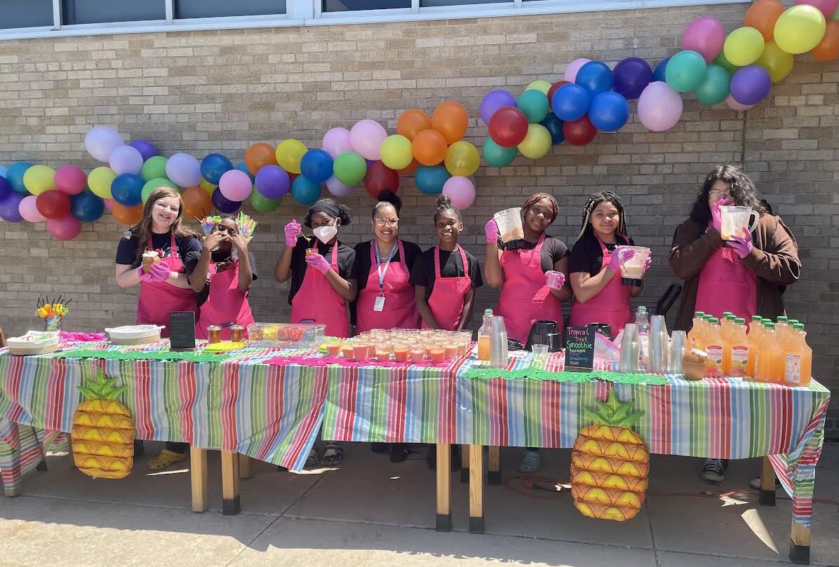 Student Voices for Healthy Choices program participants at Ypsilanti Middle School run a smoothie bar.