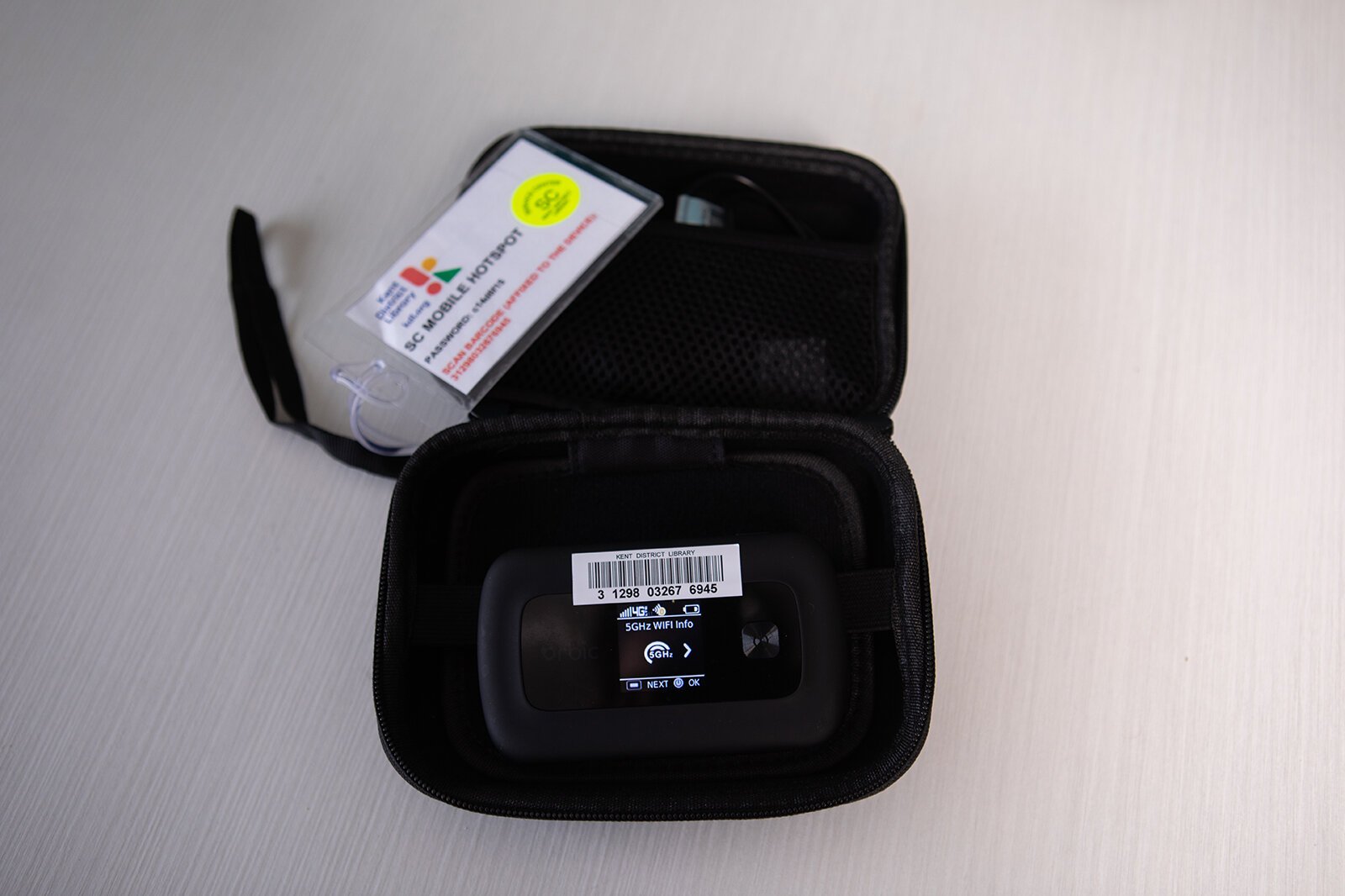 A wi-fi hotspot available for checkout at the Kent District Library.