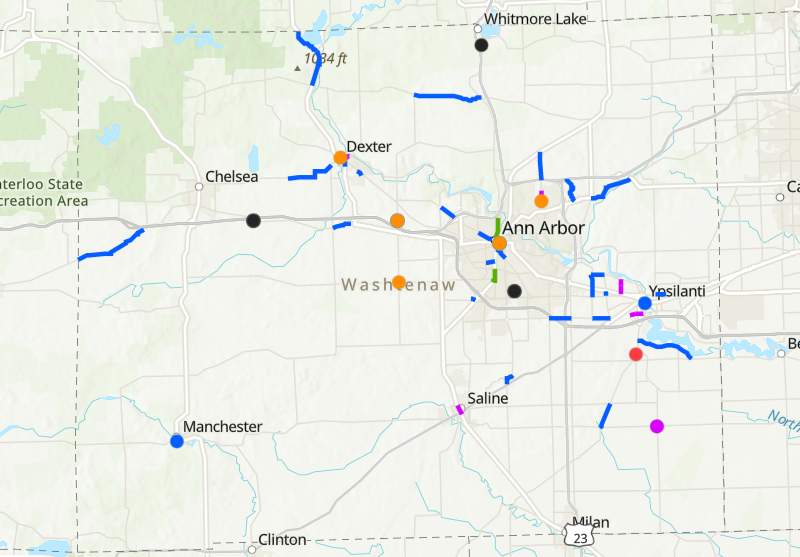 A map of projects for which the Washtenaw Area Transportation Study has requested 2024-2026 Transportation Improvement Program funding.